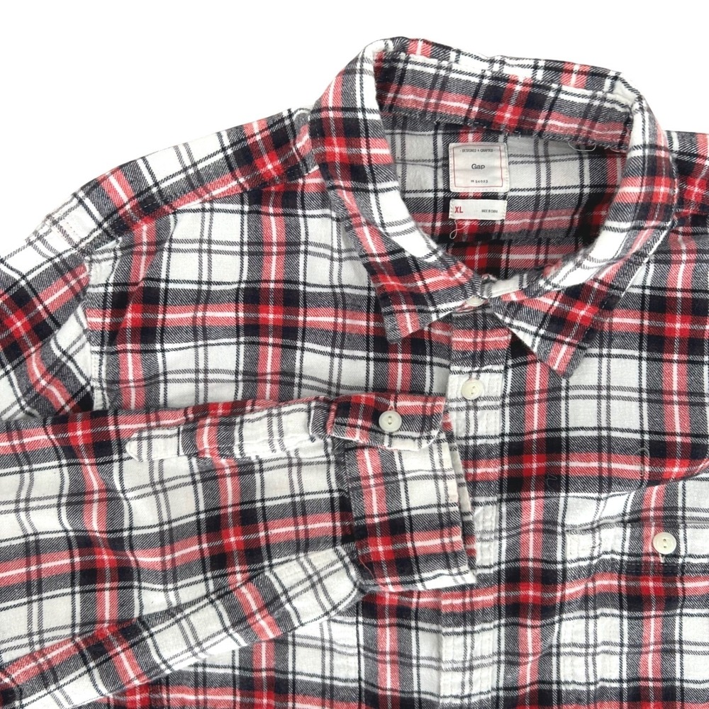 Mens Classic Flannel Button Down Red White Plaid Long Sleeve Poster Red Gap XL